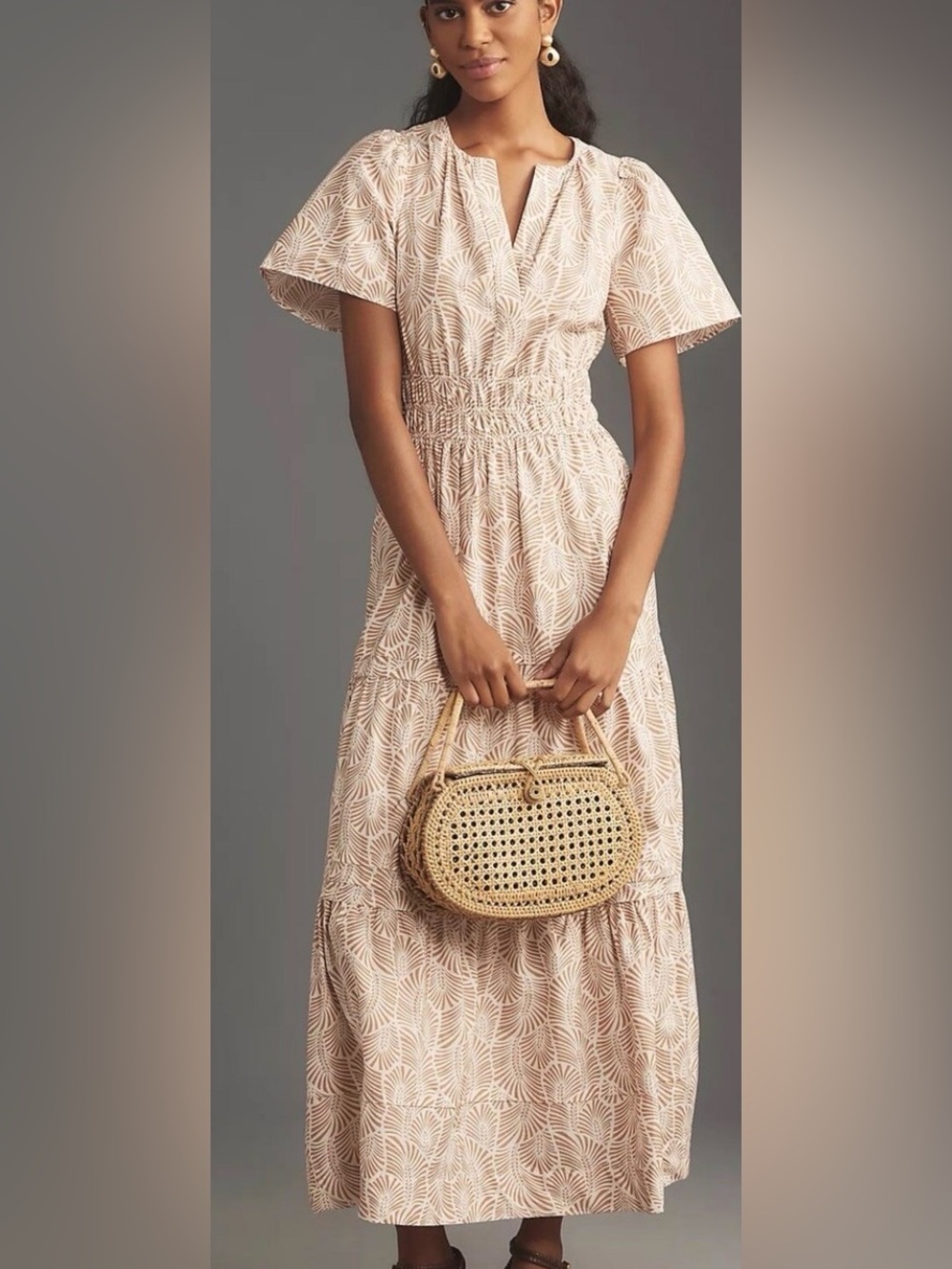 Like New Anthropologie Cream and Tan Fan-Print Tiered Dress - Picture 1 of 4